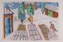 Autobiographical painting of a Jewish family protecting three flower beds from snow in the ghetto