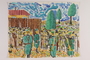 Watercolor of soldiers guarding a crowd of Jews behind a fence done by a former child partisan