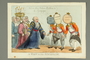 Print of 3 dukes with trade good heads bowing to 5 Jewish elders