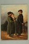 Painting of three older Jewish men having a chat outdoors
