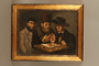 Oil painting of three money clippers shaving gold coins