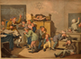 Colorful scene of a Jewish schoolroom and misbehaving students