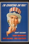 Security of War Information Campaign poster of Uncle Sam with his finger to his lips asking for silence