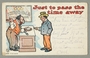Inscribed postcard of a Jewish pawnbroker & customer with a watch