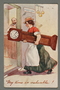 Inscribed postcard of a woman carrying a grandmother clock
