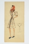 Fashion sketch of a woman in a white dress with multicolored polka dots