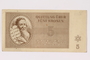 Theresienstadt ghetto-labor camp scrip, 5 kronen note acquired by a Jewish Czech woman