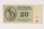Theresienstadt ghetto-labor camp scrip, 20 kronen note acquired by a Jewish Czech woman