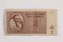 Theresienstadt ghetto-labor camp scrip, 2 kronen note acquired by a Hungarian Jewish youth and former concentration camp inmate