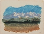 Watercolor of gold and green fields leading to snow-covered mountains created by a Jewish soldier, 2nd Polish Corps