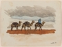 Watercolor of 3 camels with packs and rider created by a Jewish soldier, 2nd Polish Corps
