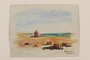 Watercolor of a domed building in the desert near blue green Lake Habbiniyah created by a Jewish soldier, 2nd Polish Corps