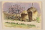 Watercolor of two haystacks and a pink flowering tree by a Jewish soldier, 2nd Polish corps
