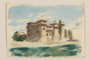 Muted watercolor of an Italian castle seen from offshore created by a Jewish soldier, 2nd Polish corps