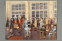 Watercolor painting of people in line for lunch acquired by an American internee