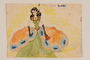 Watercolor of a black haired young woman in a ball gown created by a hidden child