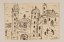 Ink drawing of a cityscape with three churches created by a hidden child