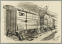 Allegorical, autobiographical drawing of a train transport to Auschwitz created by Alfred Glück in Hasenhecke DP camp