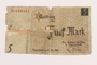 Łódź ghetto scrip, 5 mark note, acquired by a Polish Jewish survivor