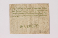 1989.303.31 back
Mittelbau forced labor camp scrip, .10 Reichsmark, issued to a Czech Jewish prisoner

Click to enlarge
