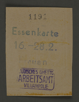 1995.89.664 front
Food ration card issued by Labor Office in the Kovno ghetto

Click to enlarge
