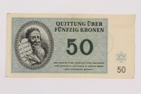 1996.118.3 front
Theresienstadt ghetto-labor camp scrip, 50 kronen note

Click to enlarge