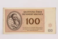 1996.118.4 front
Theresienstadt ghetto-labor camp scrip, 100 kronen note

Click to enlarge