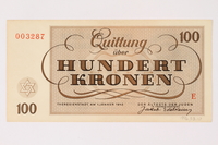 1996.33.10 back
Theresienstadt ghetto-labor camp scrip, 100 kronen note

Click to enlarge