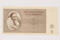 1996.33.6 front
Theresienstadt ghetto-labor camp scrip, 5 kronen note

Click to enlarge