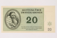 1996.33.8 front
Theresienstadt ghetto-labor camp scrip, 20 kronen note

Click to enlarge