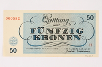 1996.33.9 back
Theresienstadt ghetto-labor camp scrip, 50 kronen note

Click to enlarge
