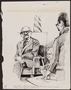 Drawing of defendant and US attorney at trial of suspected Latvian war criminal