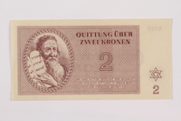 1996.50.3 front
Theresienstadt ghetto-labor camp scrip, 2 kronen note

Click to enlarge