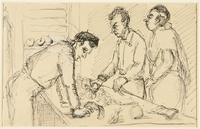 1988.1.50 a front
Two-sided drawing of men in a canteen and a portrait of a woman by a German Jewish internee

Click to enlarge