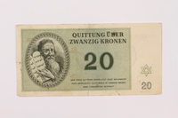 1997.52.1 front
Theresienstadt ghetto-labor camp scrip, 20 kronen note

Click to enlarge
