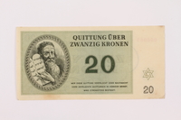 1997.52.2 front
Theresienstadt ghetto-labor camp scrip, 20 kronen note

Click to enlarge