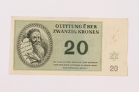 1997.52.3 front
Theresienstadt ghetto-labor camp scrip, 20 kronen note

Click to enlarge