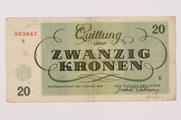 1997.52.6 back
Theresienstadt ghetto-labor camp scrip, 20 kronen note

Click to enlarge
