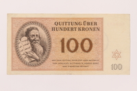 1997.52.7 front
Theresienstadt ghetto-labor camp scrip, 100 kronen note

Click to enlarge