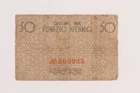 1989.62.1 front
Łódź ghetto scrip, 50 pfennig note, acquired by a Jewish Lithuanian resident

Click to enlarge
