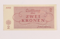 1989.62.3 front
Theresienstadt ghetto-labor camp scrip, 2 kronen note, acquired by a Jewish Lithuanian survivor

Click to enlarge