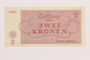 Theresienstadt ghetto-labor camp scrip, 2 kronen note, acquired by a Jewish Lithuanian survivor