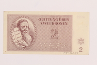 1989.62.3 back
Theresienstadt ghetto-labor camp scrip, 2 kronen note, acquired by a Jewish Lithuanian survivor

Click to enlarge