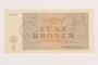 Theresienstadt ghetto-labor camp scrip, 5 kronen note, acquired by a Jewish Lithuanian survivor