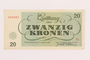 Theresienstadt ghetto-labor camp scrip, 20 kronen note, acquired by a Jewish Lithuanian survivor