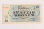 Theresienstadt ghetto-labor camp scrip, 50 kronen note, acquired by a Jewish Lithuanian survivor