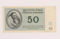 1989.62.7 back
Theresienstadt ghetto-labor camp scrip, 50 kronen note, acquired by a Jewish Lithuanian survivor

Click to enlarge
