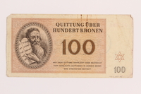 1989.62.8 back
Theresienstadt ghetto-labor camp scrip, 100 kronen note, acquired by a Jewish Lithuanian survivor

Click to enlarge