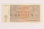 Theresienstadt ghetto-labor camp scrip, 5 kronen note, acquired by a Jewish refugee