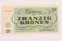 Theresienstadt ghetto-labor camp scrip, 20 kronen note, acquired by a Jewish refugee
